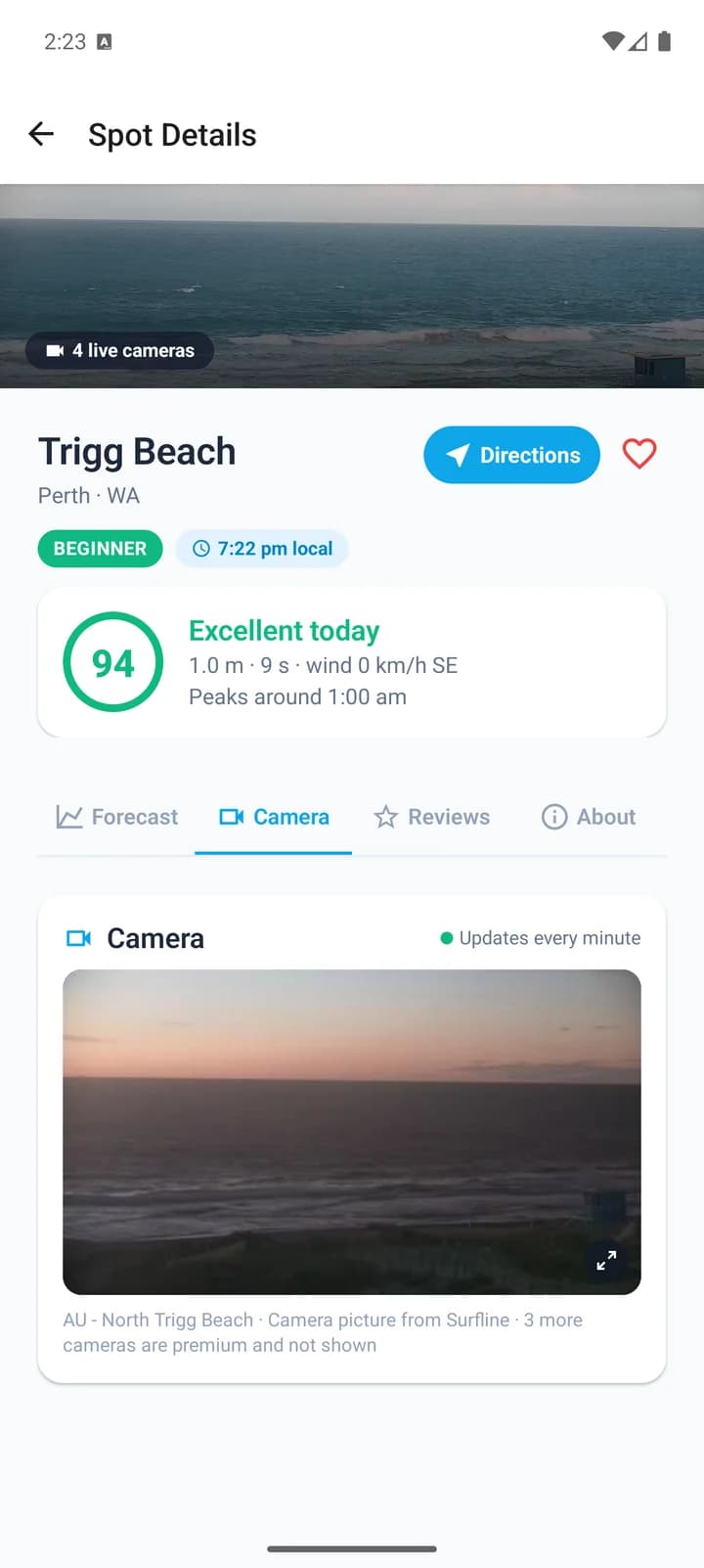 Trigg Beach spot page, scored 94 excellent, with the camera tab showing a picture of the beach