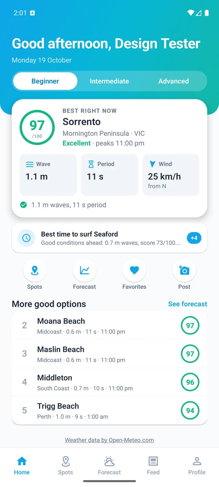 SurfIQ home screen with the best break right now, scored 97 out of 100
