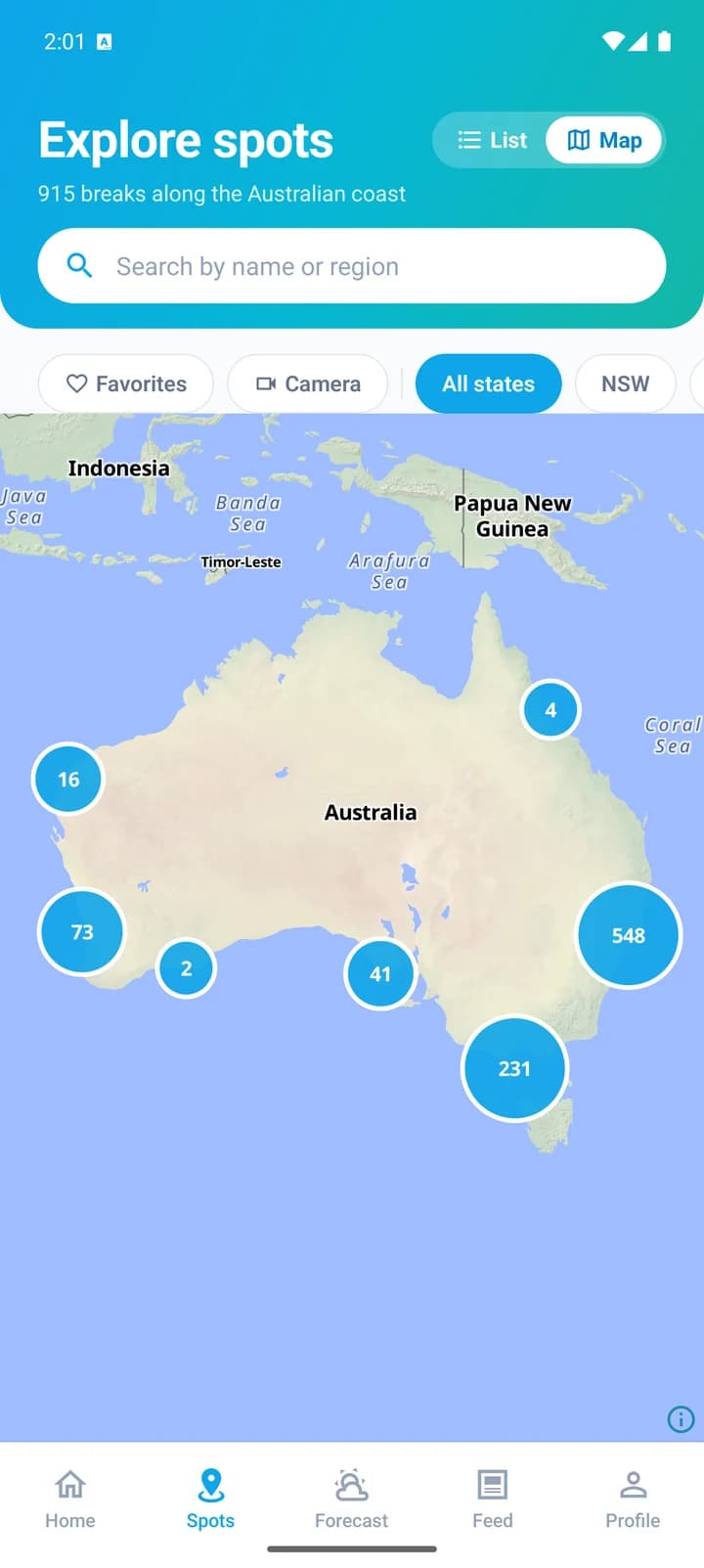 Map of Australia with clusters of surf breaks